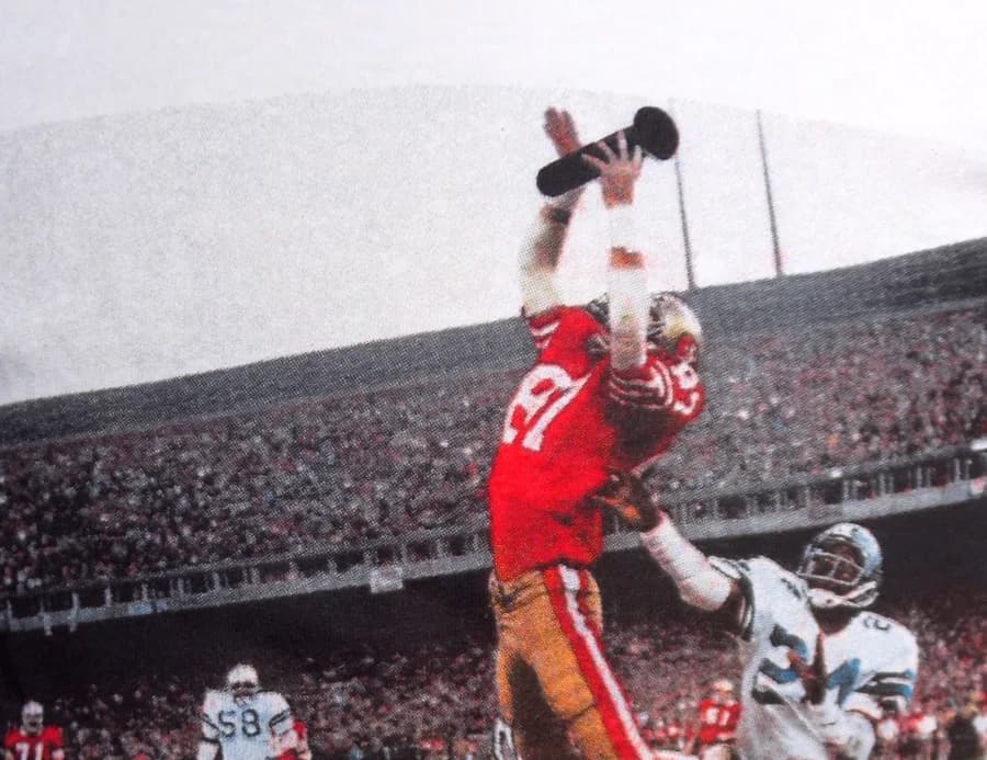 Full-color, photo-realistic screen print of a football catch on a t-shirt, Hard Eight Sacramento