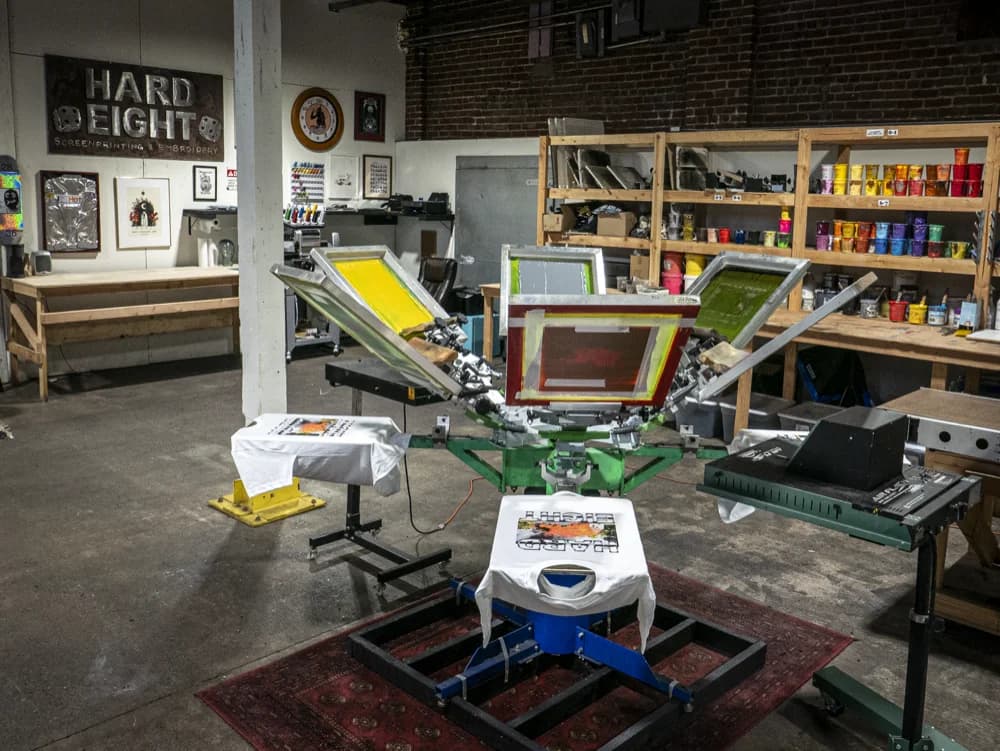 Hard Eight screen printing shop workspace