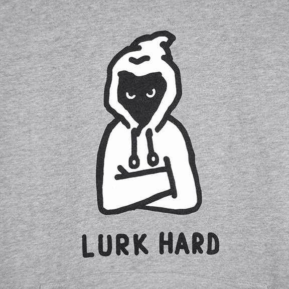 Bold screen print with a character above the words Lurk Hard